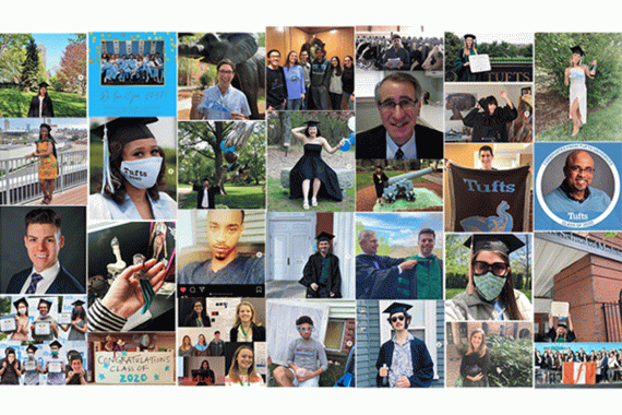 A collage of images from virtual Commencement ceremonies at Tufts University.