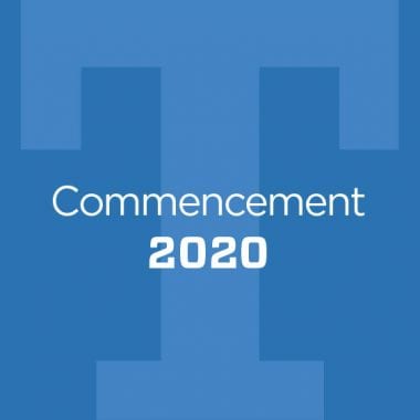 Tufts logo 'T' with overlay text 'Commencement 2020'