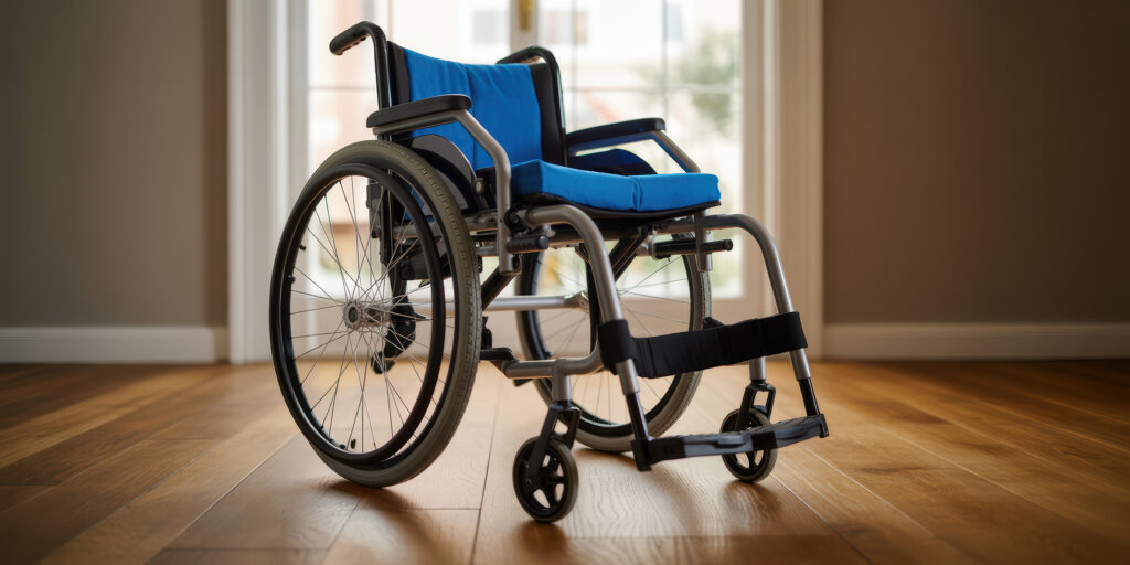 Wheelchair in modern house on hardwood floors